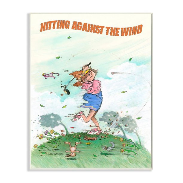 Hitting Against The Wind Funny Golf Cartoon Sports Design Wall Plaque