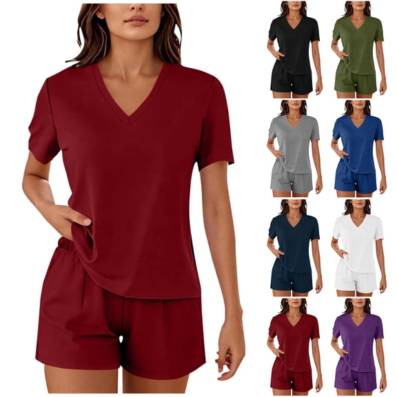 Bloomae 2 Piece Short Sets for Women Summer Jogger Workout Outfits Short Sleeve V Neck Tops Elastic Waist Shorts Lounge Set Vacation Travel Outfits White M
