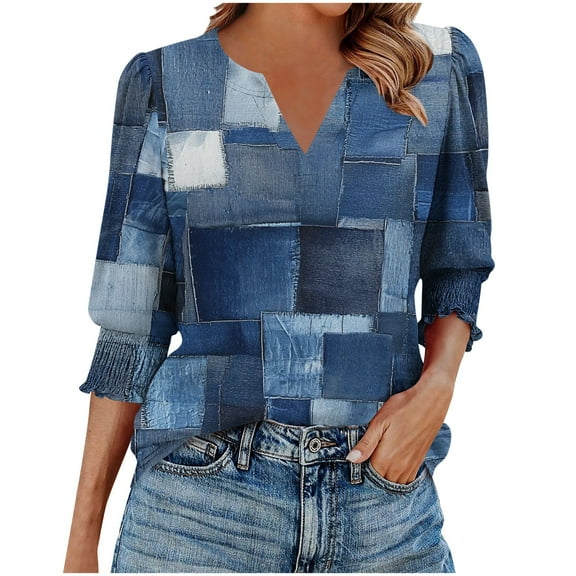 Atogsazn Women's 3/4 Sleeve T Shirts Casual V Neck Loose Shirt Basic Tunic Top Business Dressy Work Blouses 01-Blue S
