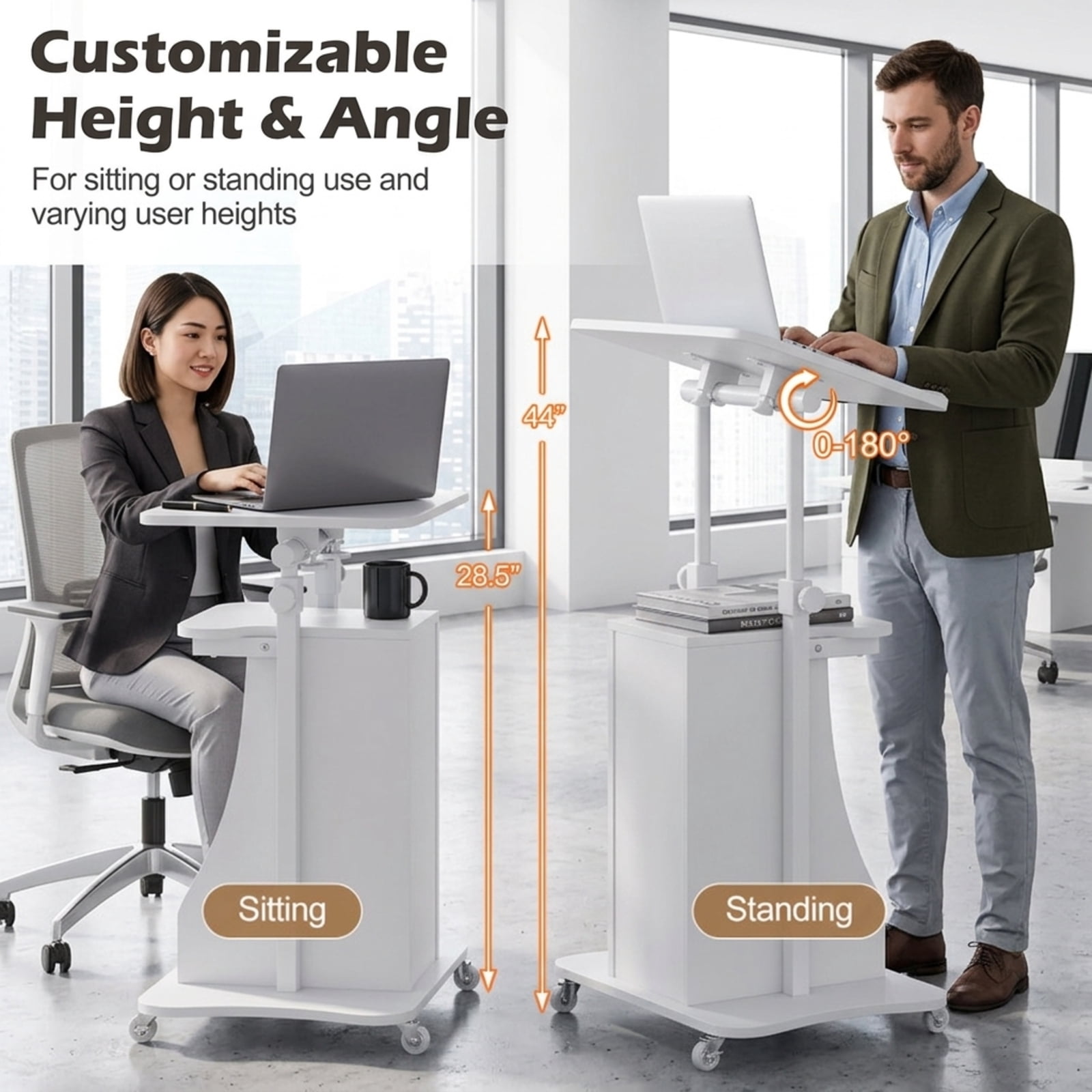 Furnibear Mobile Podium Stand Height Adjustable Laptop Cart with Tilting Tabletop Lockable Wheels and Storage Compartments for School, White