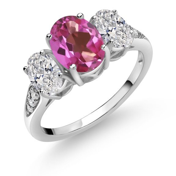 Gem Stone King 10K White Gold Pink Mystic Topaz, White Lab Grown Diamond Engagement Ring for Women | 2.14 Cttw | Oval 8X6MM | Gemstone November Birthstone | Size 6