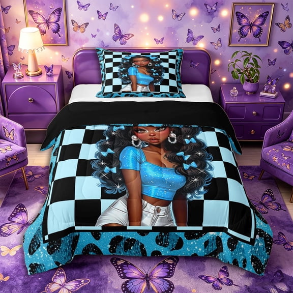 Castle Fairy Black Kawaii Princess With Bow Twin Comforter Sets 2pcs,Black Girl Checkerboard Pattern Bedding Set,Blue Black,Black Reversible,1 Comforter and 1 Pillowcase