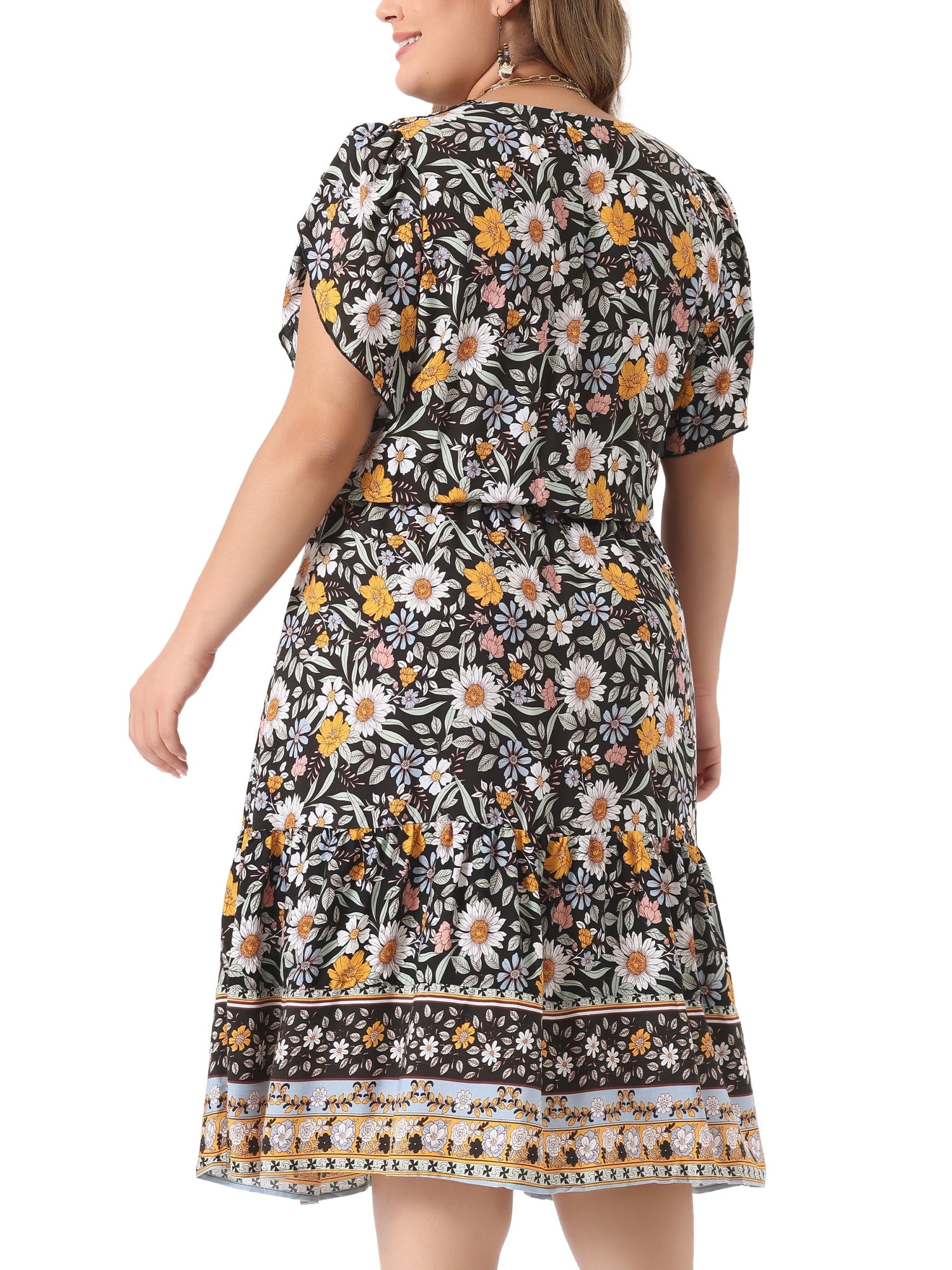 DARING DIVA Plus Size V Neck Short Sleeve Floral Midi Dress 4X Black