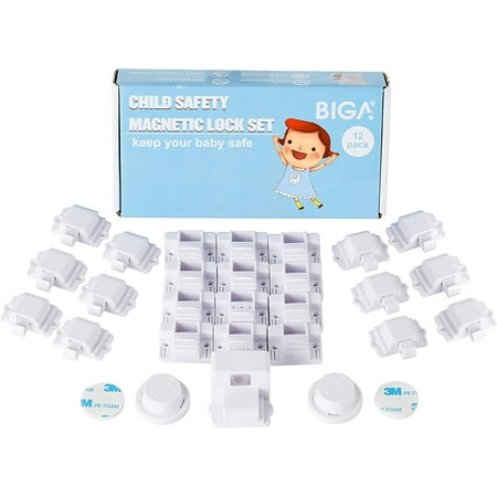 Child Safety Magnetic Locks with Adhensive Backing and Baby Proofing Latches for Cabinet Drawer Cupboard 12 Pack