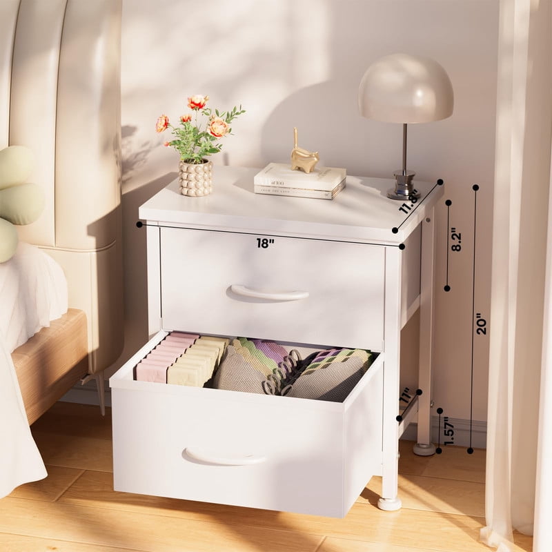 Simple Deluxe Nightstand 2 Drawers Dresser for Bedroom, 3-Tier Bedside Table with Fabric Bins, End Table for Living Room, wood top Load-bearing up to 44 lb, White