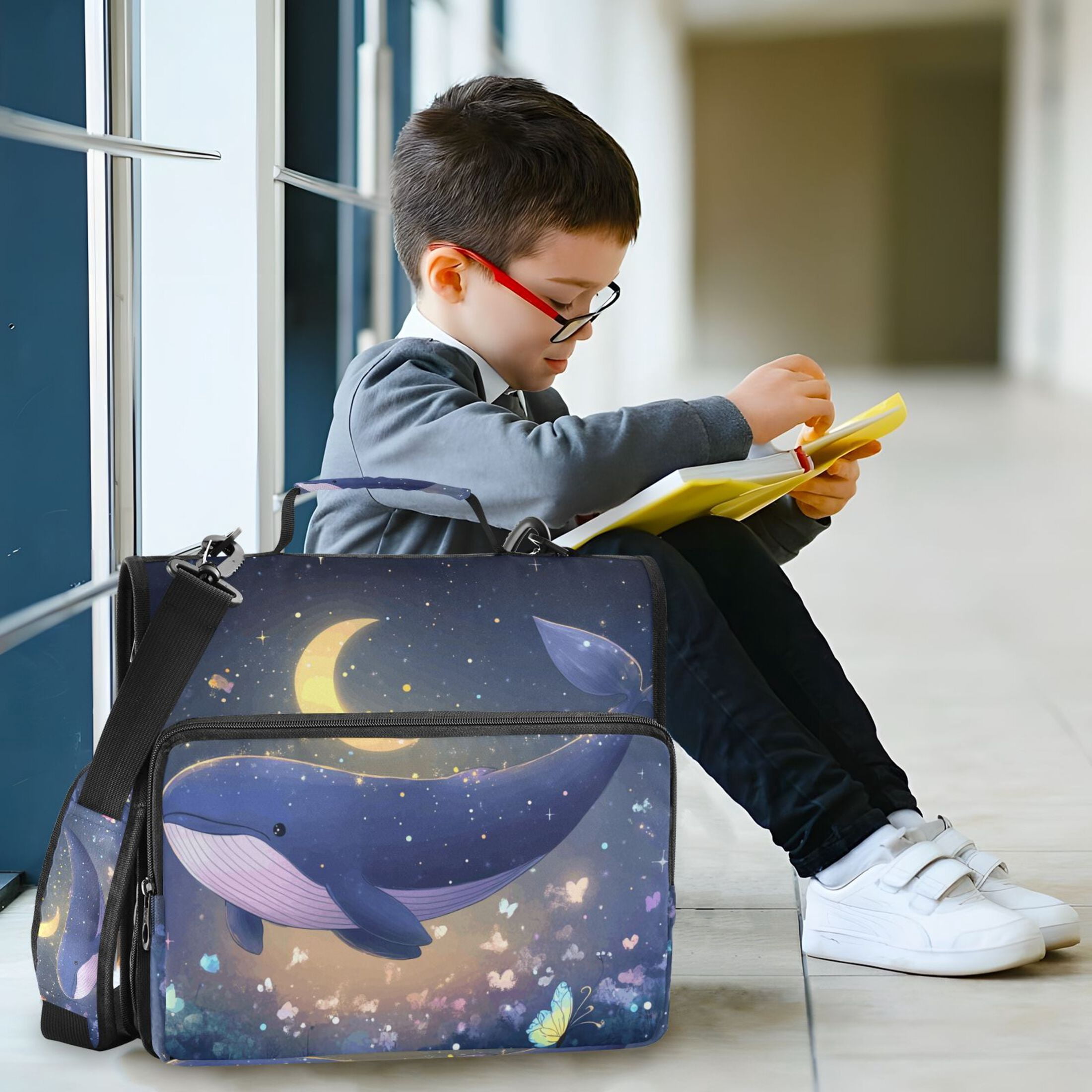 3 Ring Zipper Binder with Shoulder Strap Waterproof Trapper Keeper 2 Inch D-Ring 500 Sheets Capacity Cute Whale Floating in Nigh
