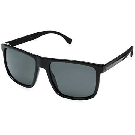 BOSS by Hugo Boss Men's B0879s Rectangular Sunglasses, Shiny Black/Gray Polarized, 57 mm