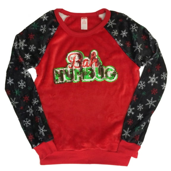 Junior Womens Plush Red Bah Humbug Sequin Christmas Holiday Sweater Top M