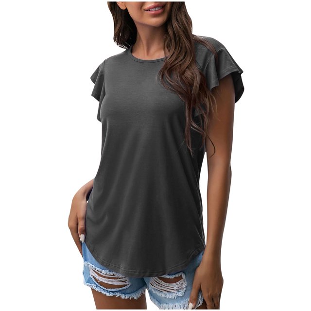 Mujeres Casual cuello redondo manga corta Puff Color sólido pulóver blusa camiseta Tops ajuste holgado OAVQHLG3B Store lin121212