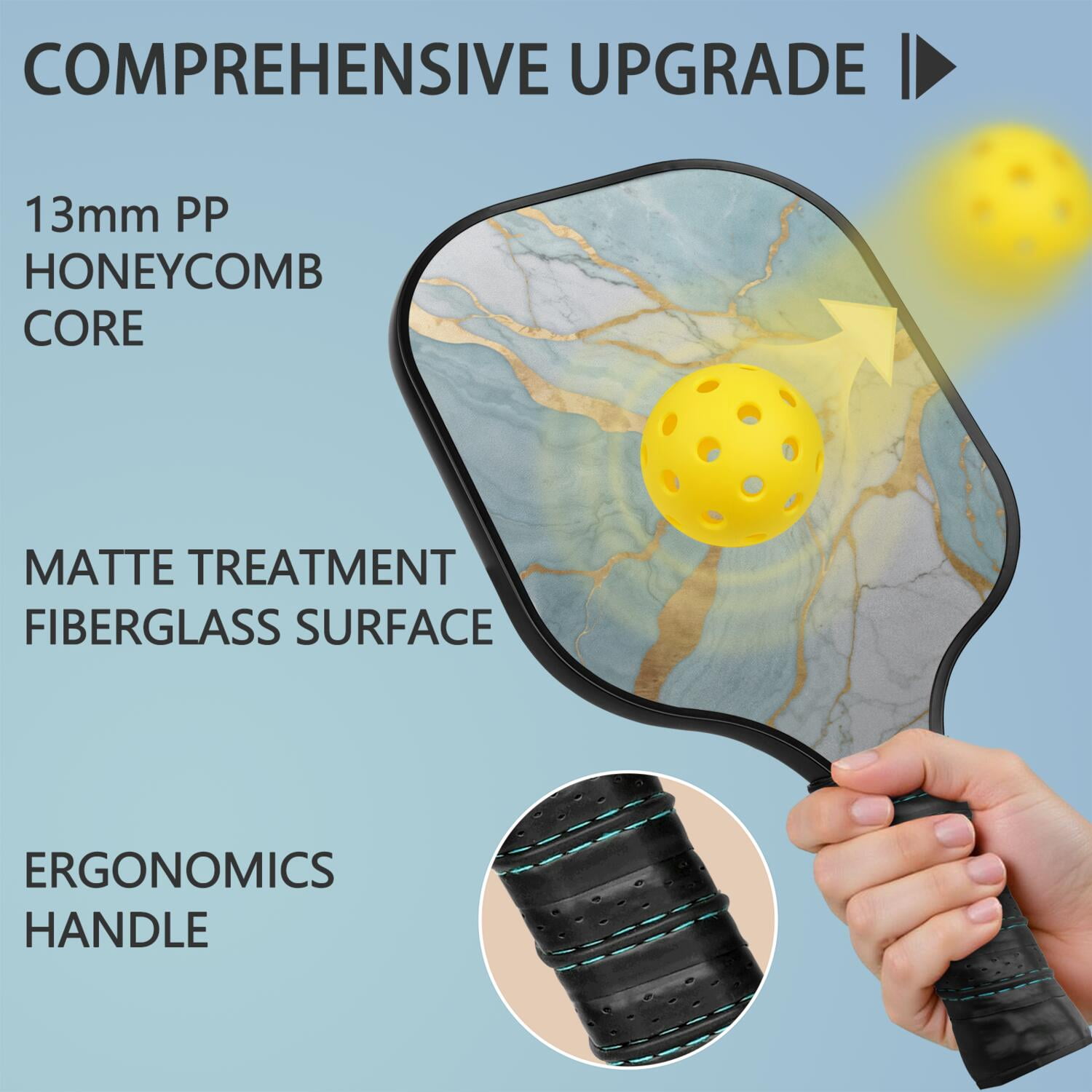 Pickleball Paddles Set Of 1, Fiberglass Surface, Turquoise Marble Pattern, 1 Paddle, 2 Balls & Bag