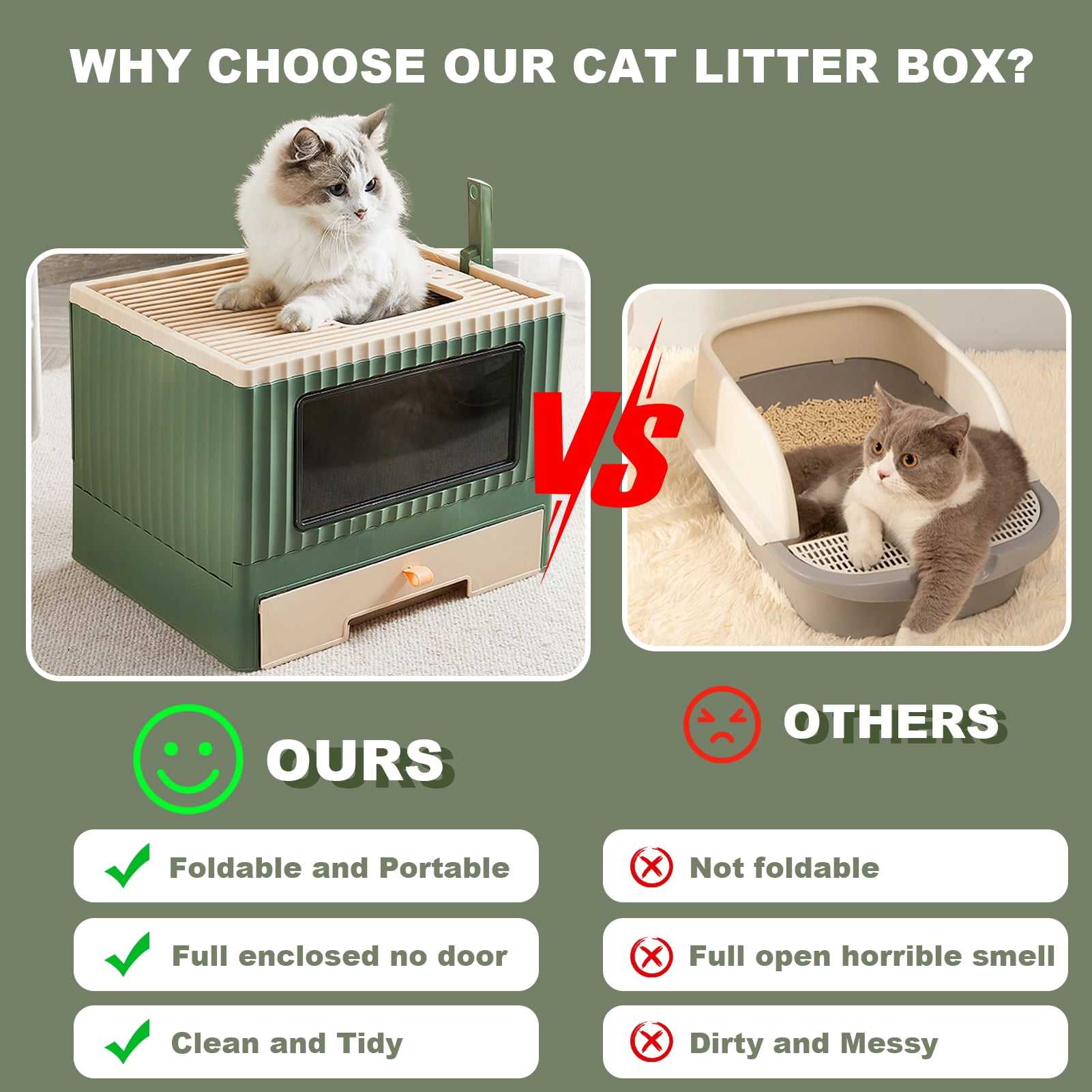 Mgaxyff Enclosed Cat Litter Box Large with Lid Cover&Litter Scoop Foldable Cat Toilet Cat Self-Grooming Side Panel w/ Easy Cleaning Tray