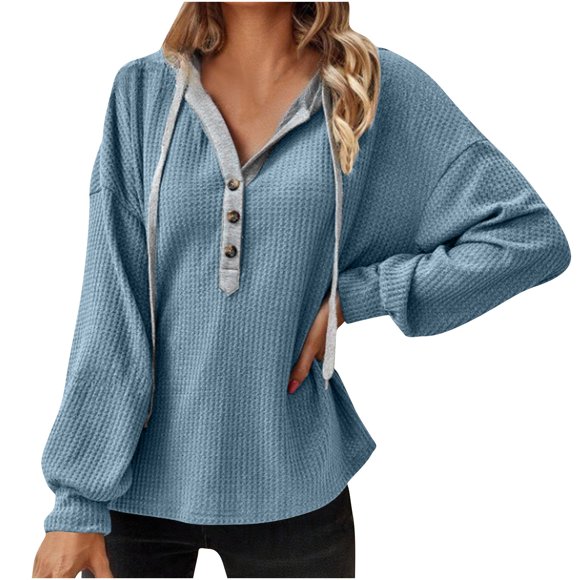 HAiming Hoodies for Women Knit Long Sleeve Drawstring Button V Neck Casual Pullover Sweatshirt Hooded Tops