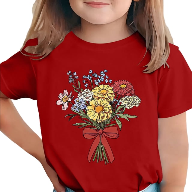 Zpanxa T-Shirts d'Été pour Filles Imprimé de la Fête de l'Indépendance Col Rond Manches Courtes Haut Polyester Spandex 10-11 Ans