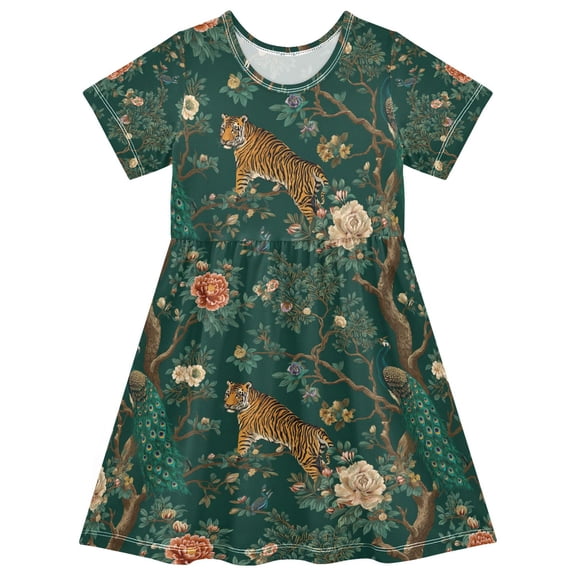 FORMRS Girls Short Sleeve Dress Summer Casual Round Neck A-line Beach Sundress, Sizes 2T-8T, Tiger and Peacock Pattern
