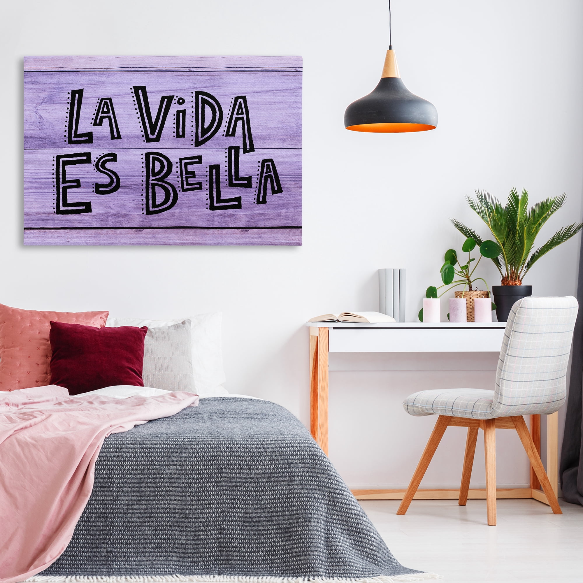 Stupell Industries La Vida es Bella Púrpura Inspirational Quotes & Sayings Painting Wrapped Canvas Art Print Wall Art, 45 x 30