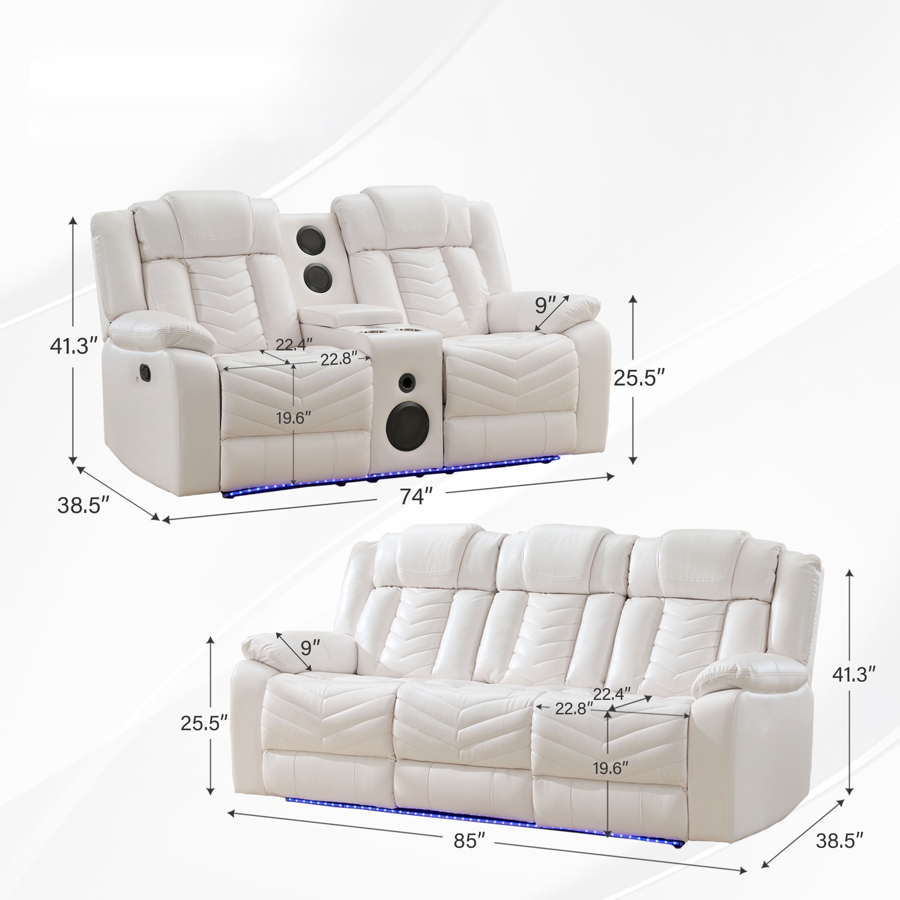 Gewnee 2-Piece Power Reclining Sofa Set, High-Quality Technical Leather with LED Strip & Wireless Charger, Living Room Furniture, White