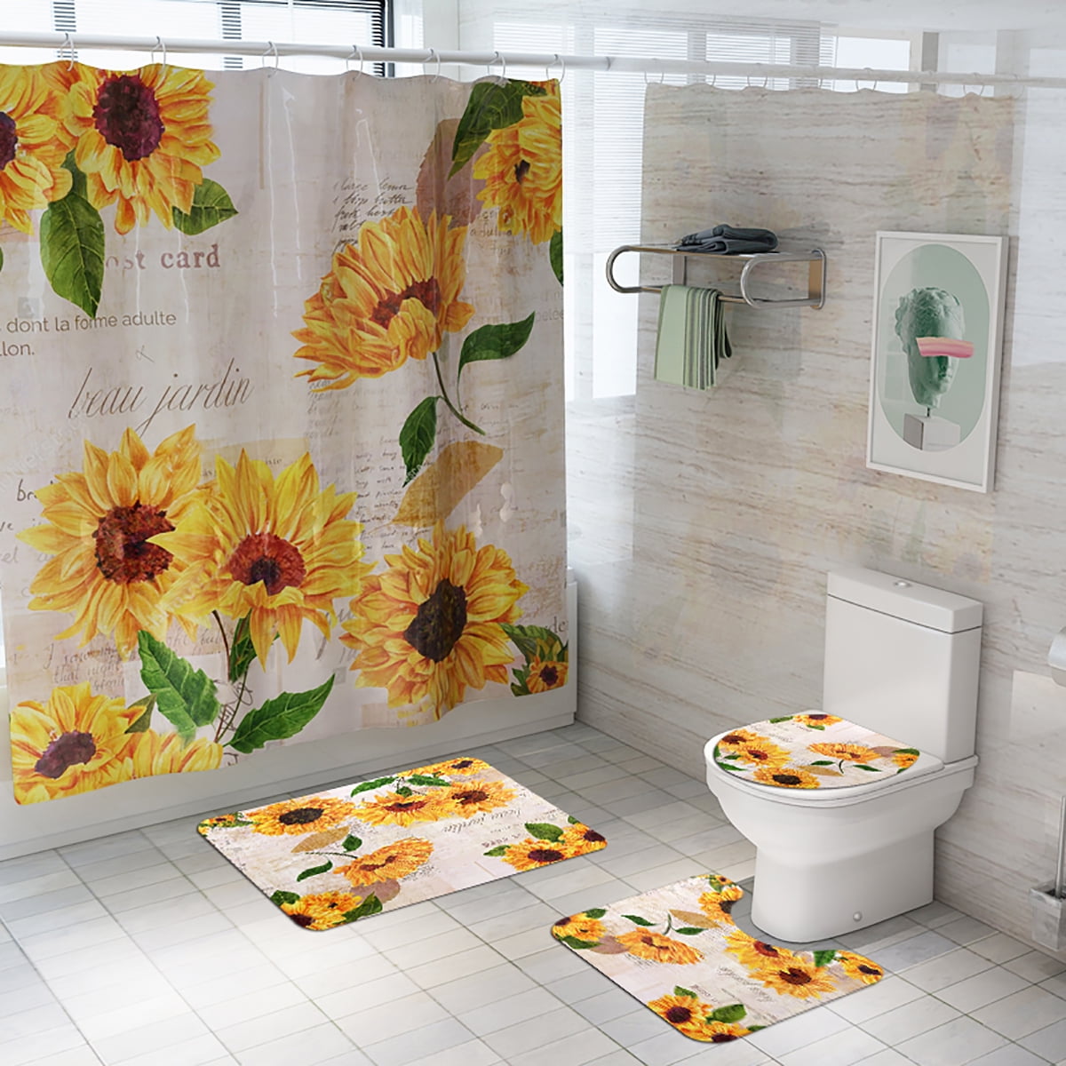 Sunflower Shower Curtain Set Bathroom Rugs Bath Mat Non-Slip Toilet Lid Cover 