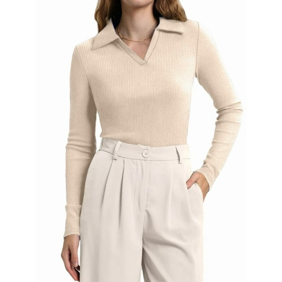 Womens Shirts Long Sleeve Business Casual Tops Collared V Neck Ribbed Knit Sweater Slim Fit Blouses  XL