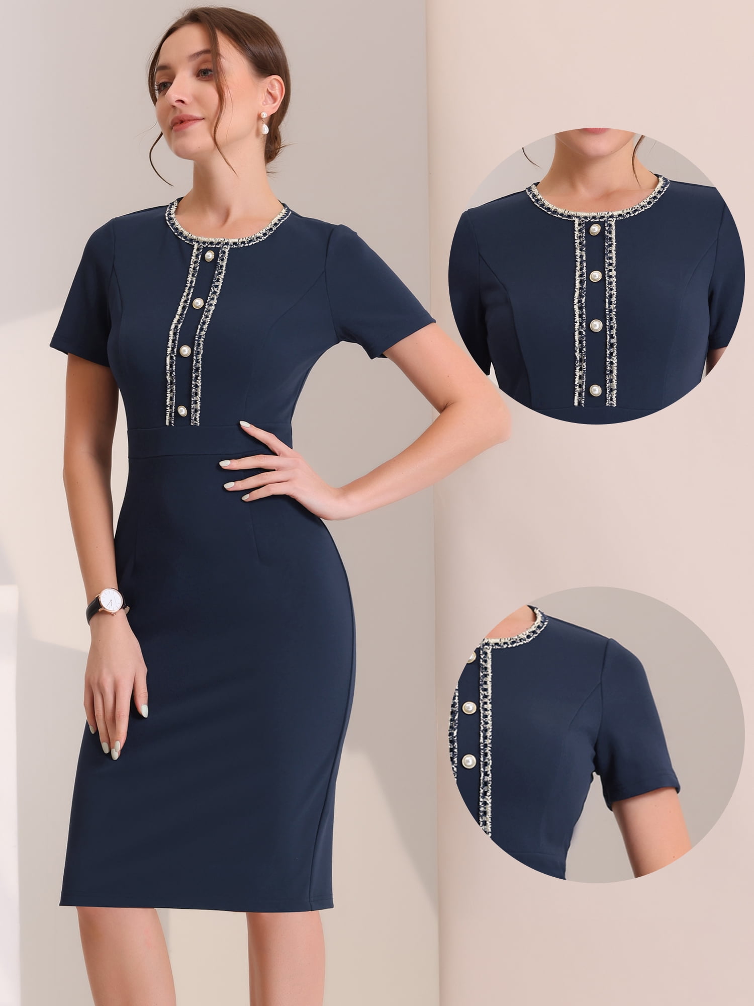 DARING DIVA Work Business Square Neck Color Block Bodycon Sheath Dresses S Navy Blue
