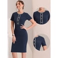 thumbnail image 2 of Vestidos de trabajo de negocios para mujer, manga corta, cuello cuadrado, bloque de color, vestido ceñido al cuerpo Azul marino L, 2 of 6