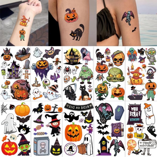 10 piezas/juego de pegatinas de Halloween, pegatinas de tatuajes faciales y de mano, suministros de fiesta, regalo para niños, niñas y adultos, bonitas pegatinas de Halloween, divertidos