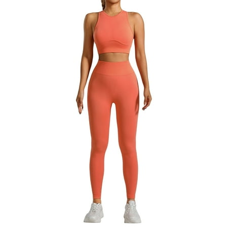 XDDLITP Women s Workout Sets Two Piece Racer-Back Ribbed Tank Top with High Waist Seamless Leggings Gym Work Out Set Orange L