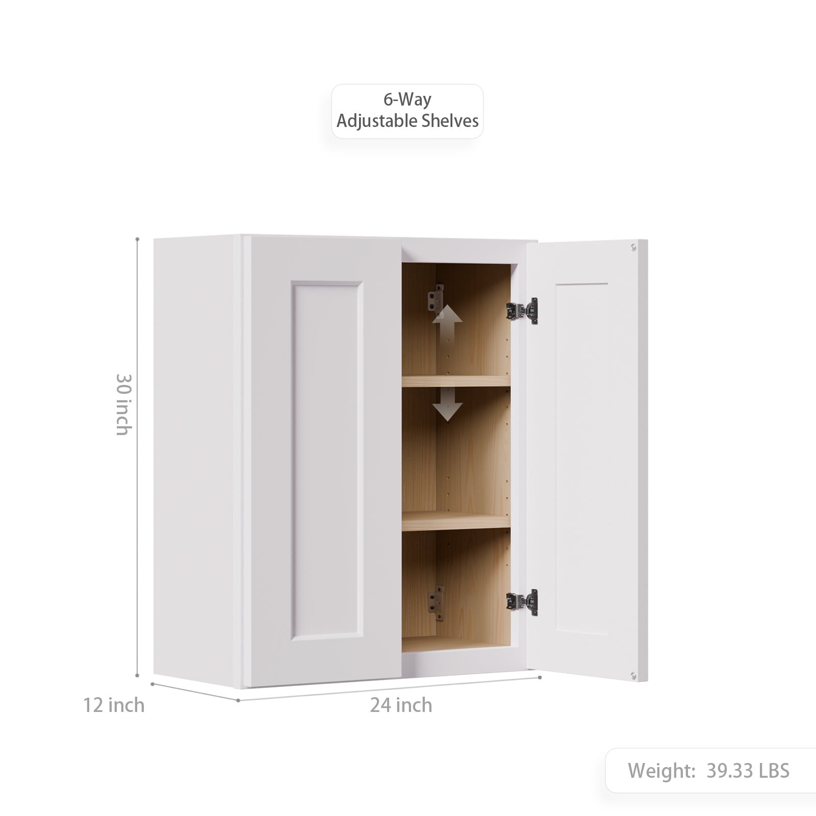 White shaker Solid Wood Double Doors Wall Cabinet 2 Doors and 2 Shelves for Kitchen Storage, Bathroom Storage, Laundry,Adjustable Shelves Ready to Assemble(24"W×12"D×36"H)