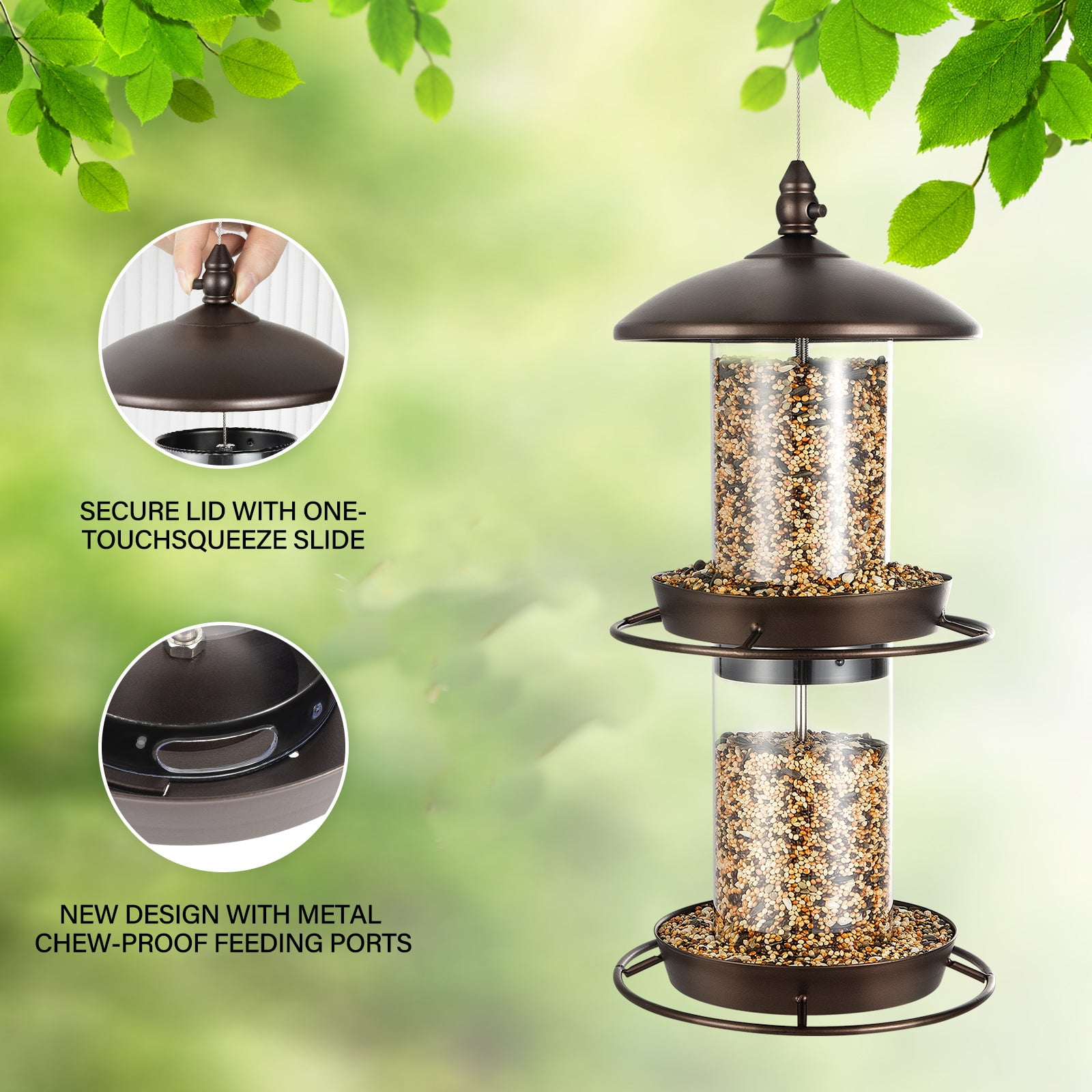 2-Tier Bird Feeder with Sure-Lock Cap and Hanging Hook, Wild Bird