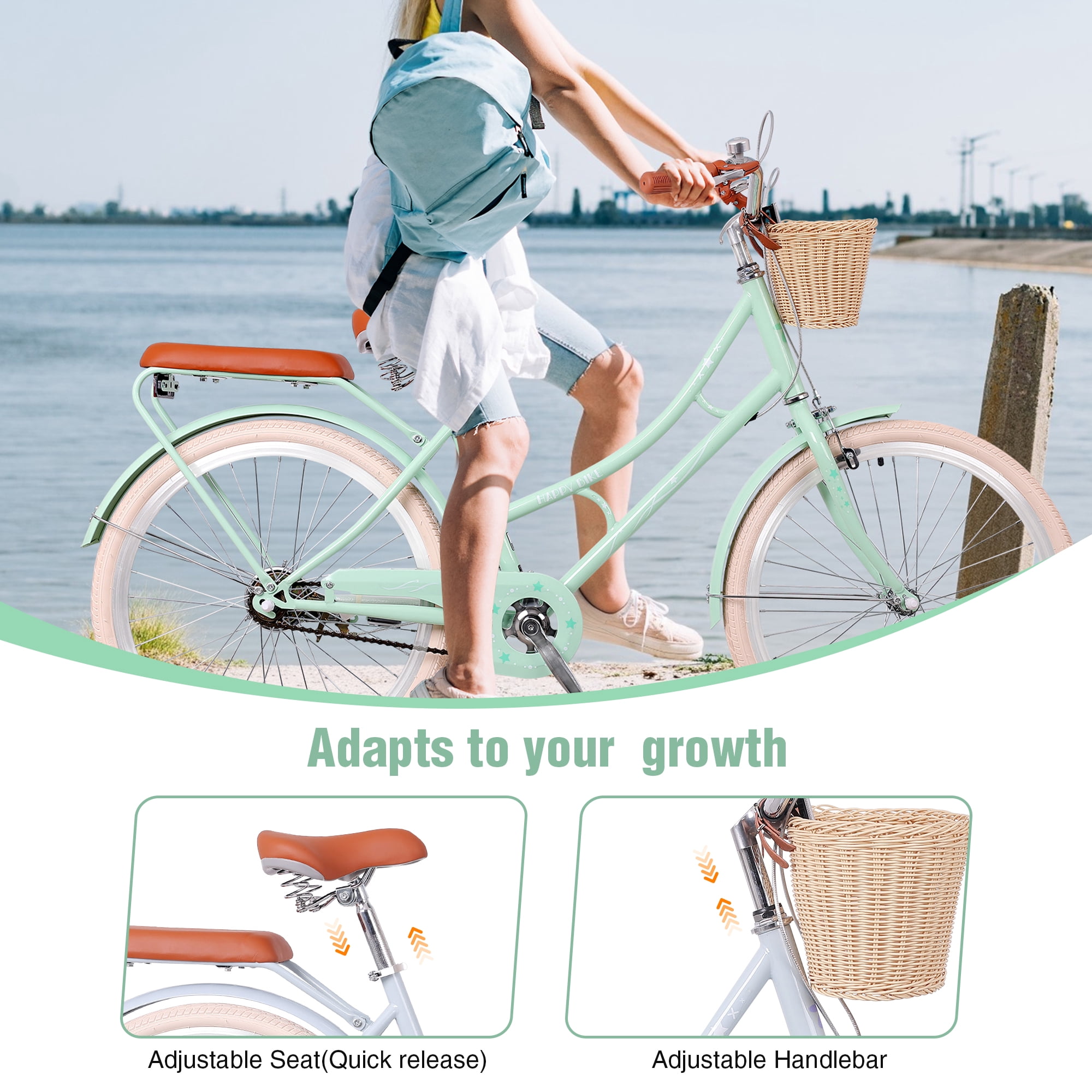 Aukfa 24" Beach Cruiser Bike with Basket & Rear Seat for Girls & Teens, Step-Through Comfort Bicycle Single Speed City Commuter,Mint Green
