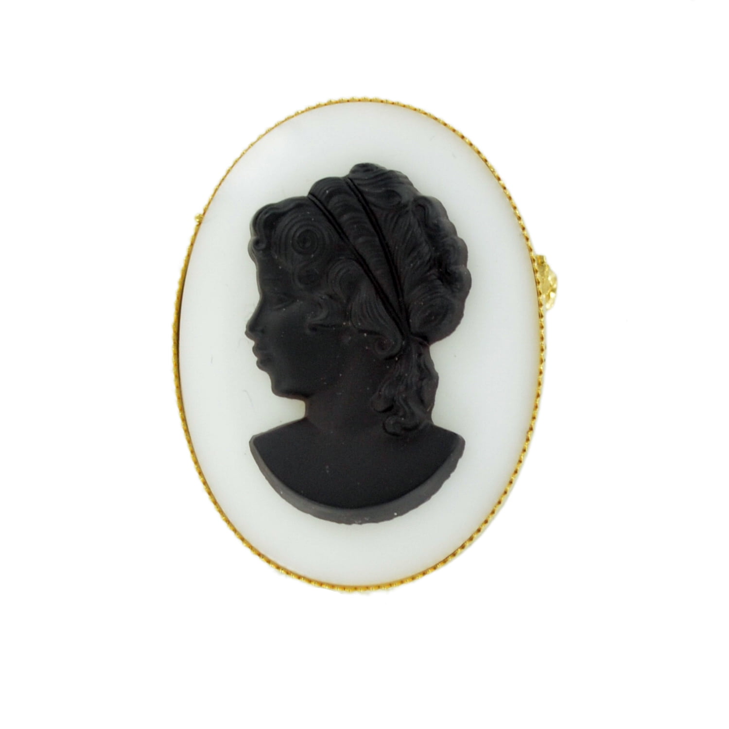 Gold Tone Black White Glass Oval Cameo Pin Brooch or Pendant by