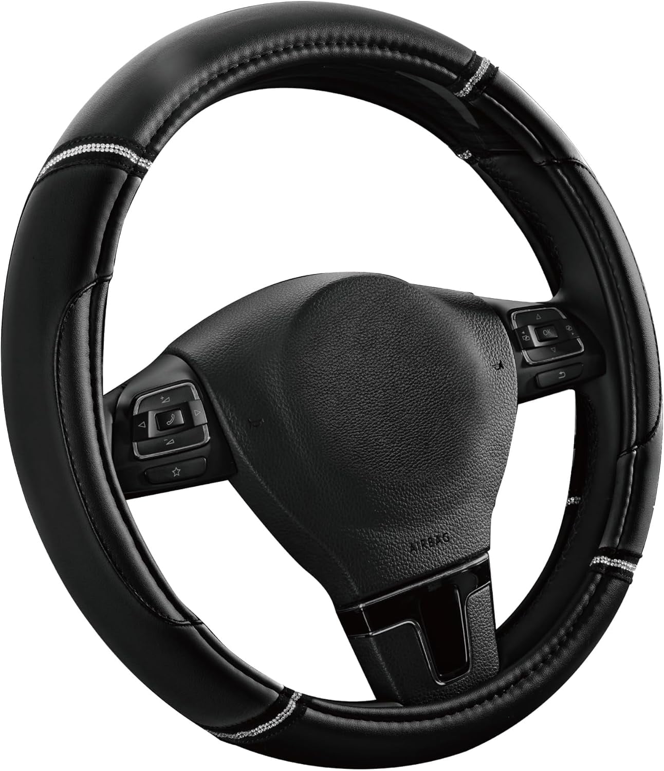 Leather Steering Wheel Cover - Made with PVC Leather - Anti-Slip, Universal Fit 14 1/2 inches to 15 inches - Black