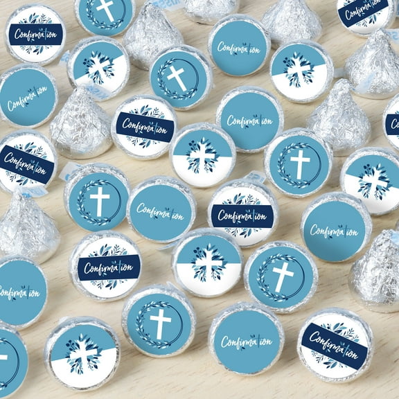 Big Dot of Happiness Confirmation Blue Elegant Cross - Boy Religious Party Small Round Candy Stickers - Party Favor Labels - 324 Count
