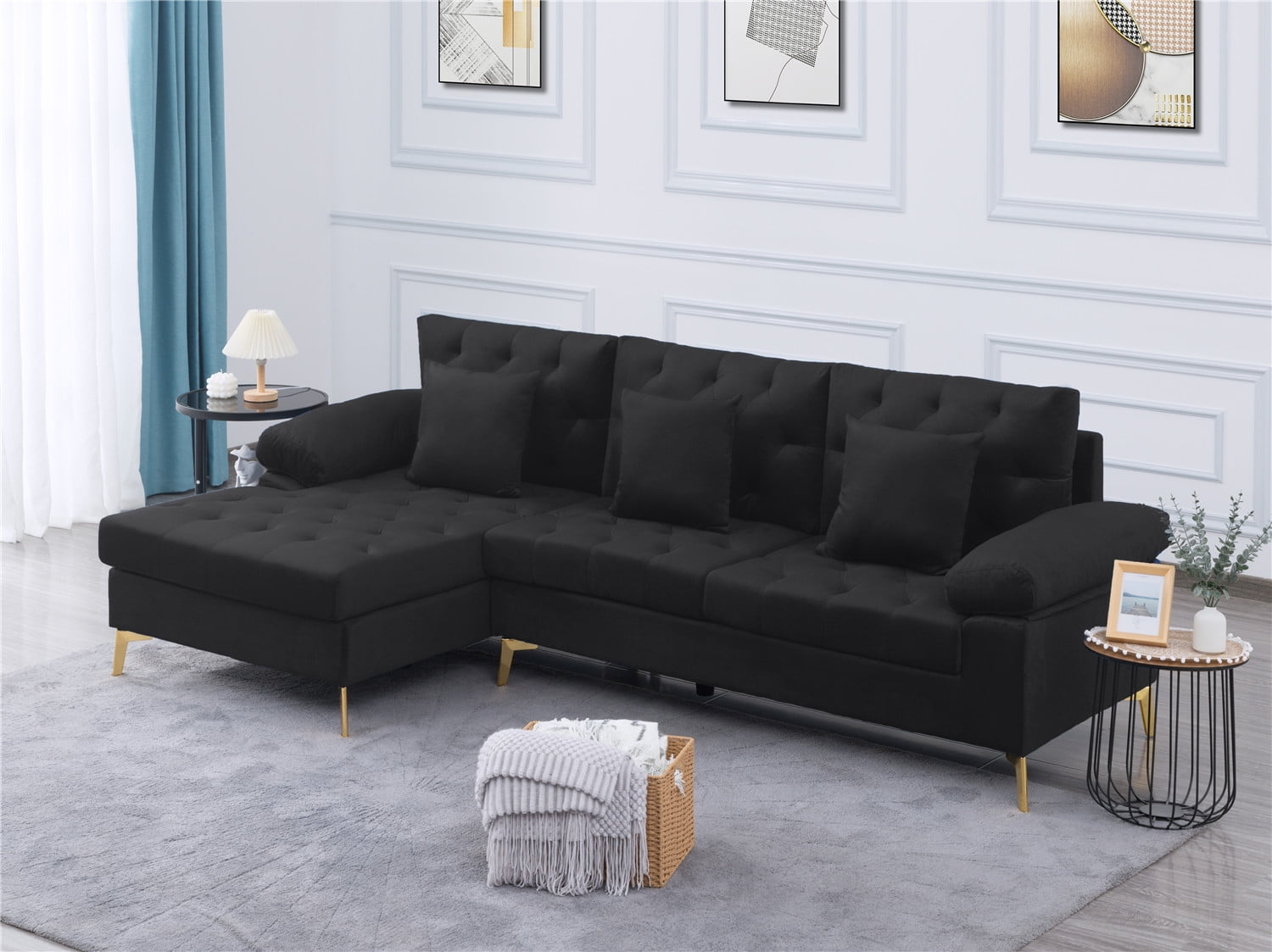 96.5” Velvet Black Sofa Left Hand Sofa with Chaise, L-Shaped Sectional ...