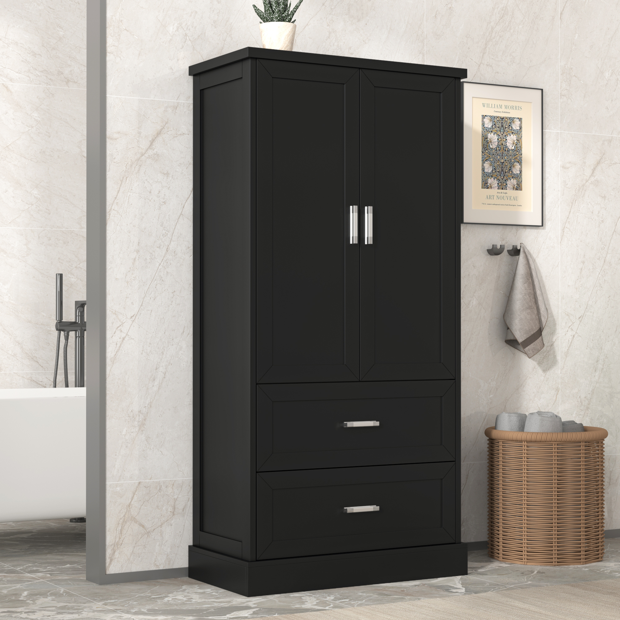 EUROCO Tall Bathroom Floor Storage Cabinet, Bathroom Storage Unit, Freestanding Cabinet with 2 Drawers and 2 Doors, Adjustable Shelf,Black