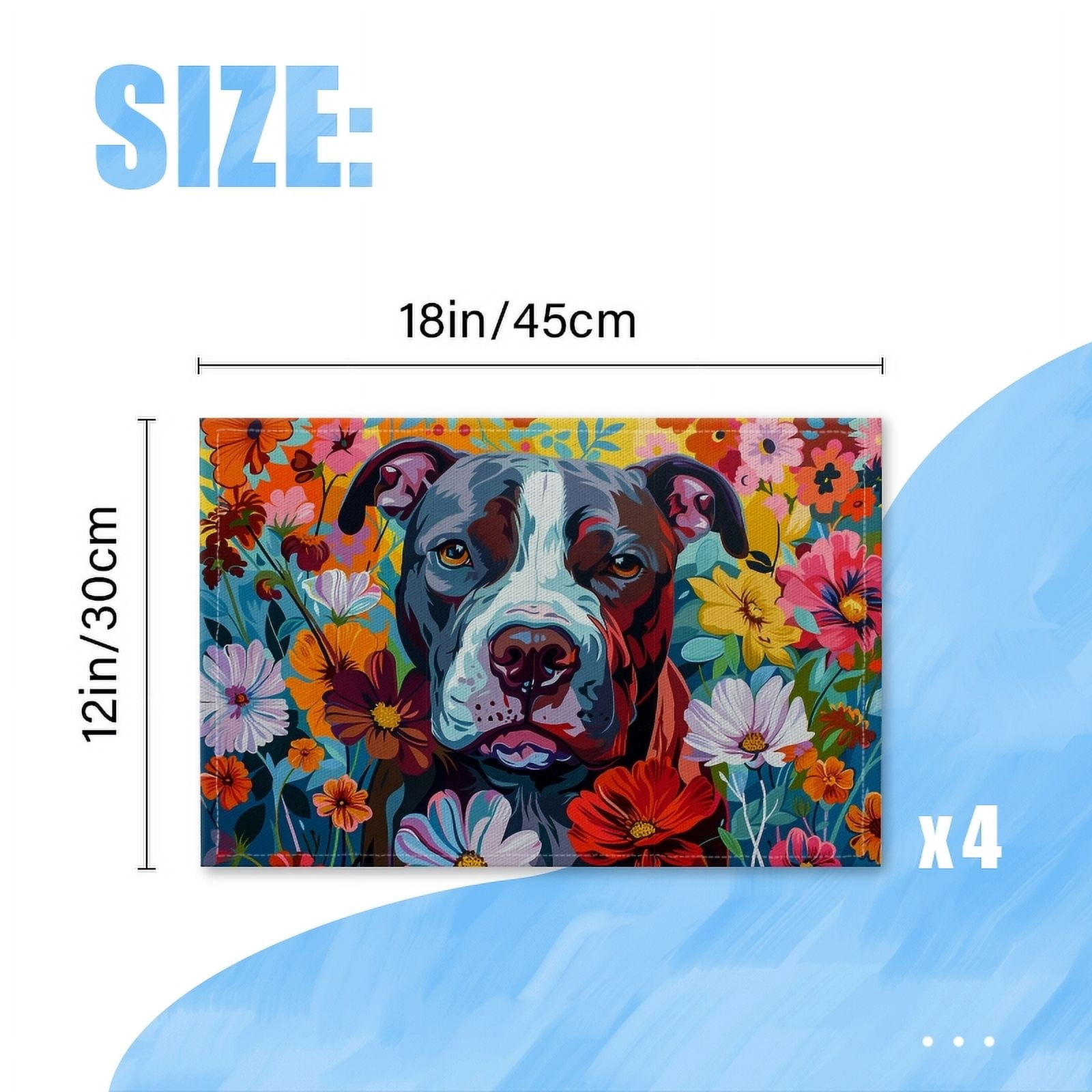 BaHomeck placemats Set of 4 Colorful Vibrant Of Pitbull Dog Surrounded By Flowers Cotton Linen rectangle Placemats for Kitchen Dining Table Indoor,Outdoor,18*12inch