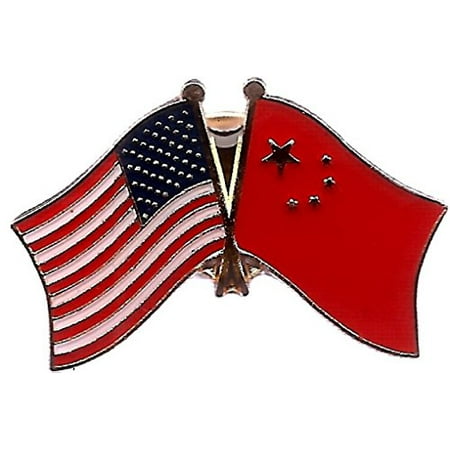 Double Circle Brooch - Box of 12 China & US Crossed Flag Lapel Pins, Chinese & American Double Friendship Pin Badge