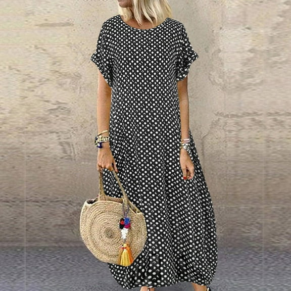 Ichaunyi Summer Dresses Women Plus Size Pockets O-Neck Polka Dot Printing Short Sleeve Casual Long Dress