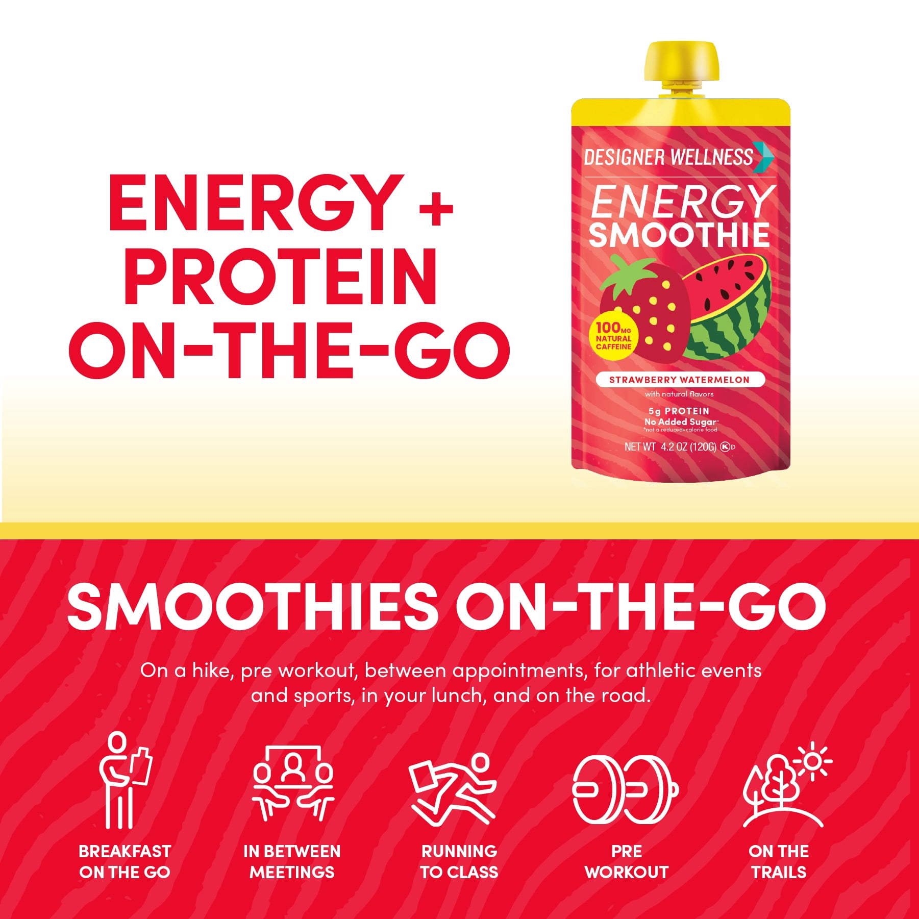 Designer Wellness Energy Smoothie, Real Fruit, 100mg Natural Caffeine, 5g Protein, Low Carb, Zero Added Sugar, Gluten-Free, Stawberry Watermelon, 12 Count