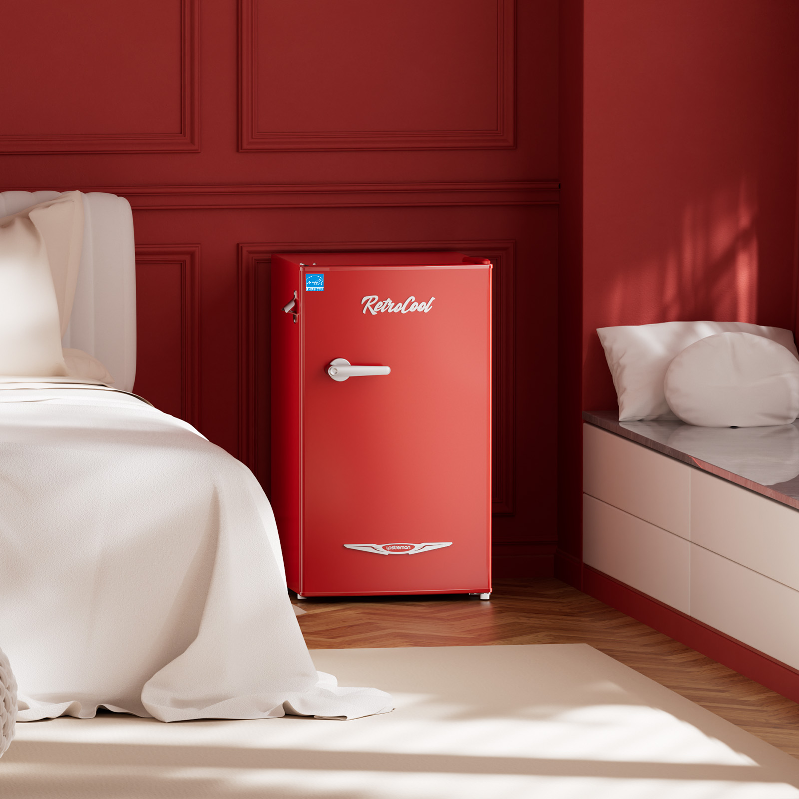 Upstreman 3.2 Cu.ft Retro Compact Fridge with Side Bottle Opener, Single Door Small Refrigerator Retro Bar Fridge, Red BR321 PRO