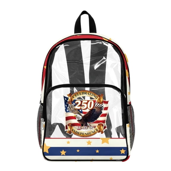 FKELYI Clear Backpack for Elementary Student See Through School Bookbag July 4th USA Flag Eagle Print 17 Inch Transprent Schoolbag Travel Bags Casual Daypack for Teens