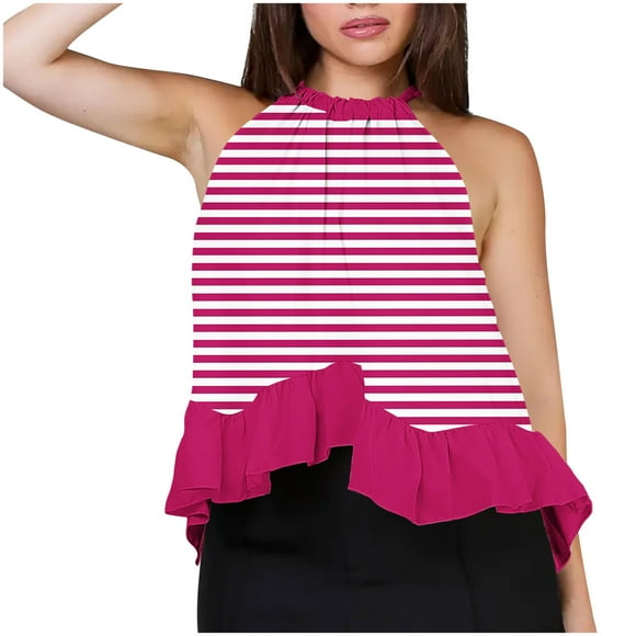 Lenpel Women's Tank Tops Sleeveless Adjustable Tie Neckline Ruffle Hem Striped Flowy Halter Tops Casual Loose Camisole Shirts
