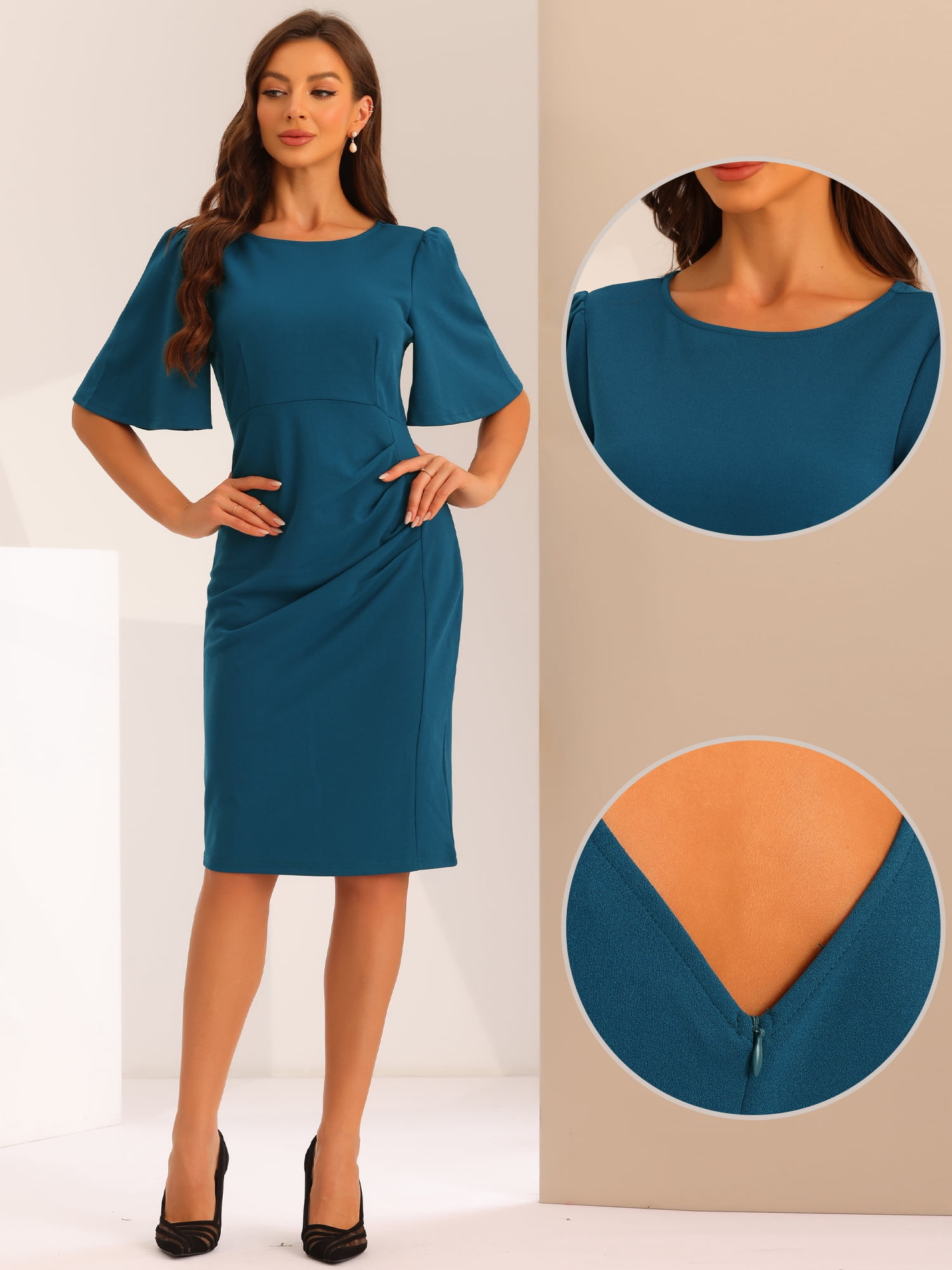 DARING DIVA Women's Short Bell Sleeve Pencil Office Work Sheath Dresses XS Lake Blue