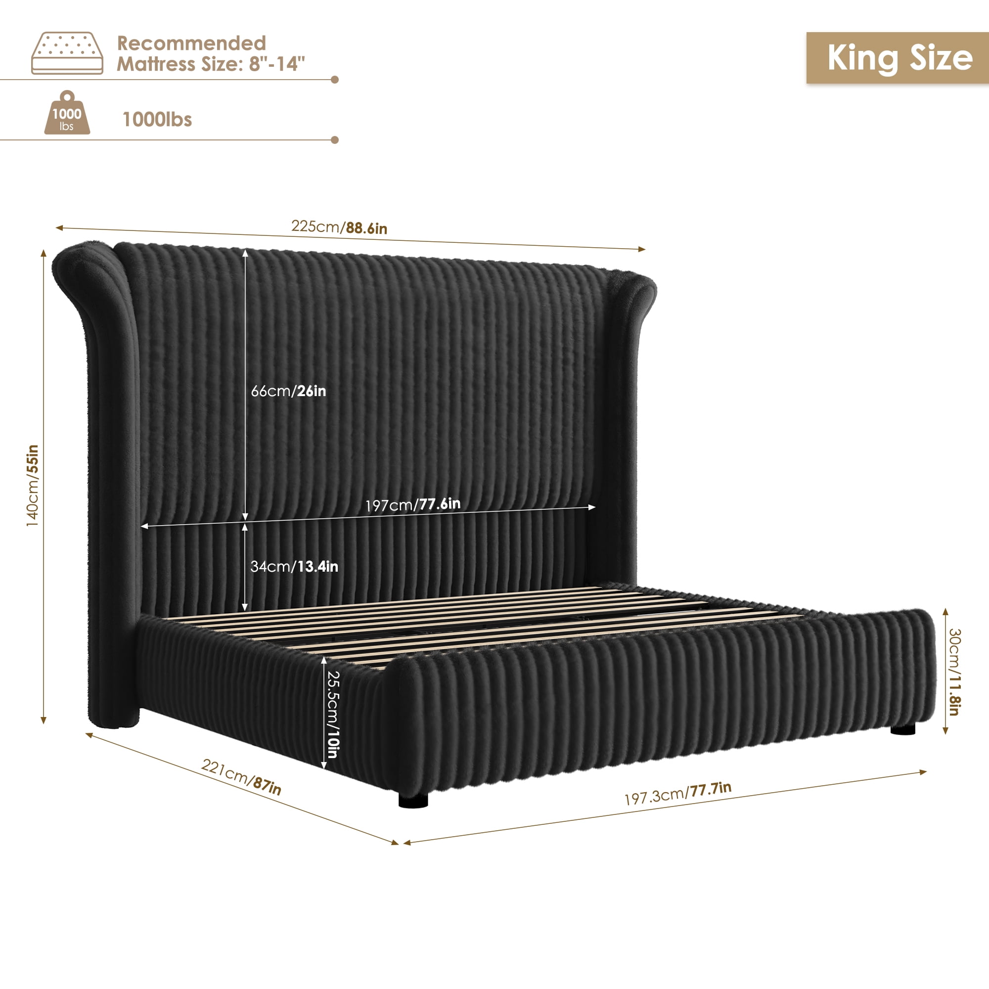 Hiphuta Corduroy Upholstered King Size Bed Frame with Headboard, LED Platform King Bed Frame with 55"H Tall Vertical Stripe Corduroy Wingback Headboard, Black