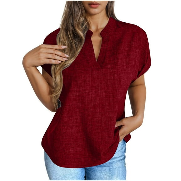 ZQUUVOU Women's Linen V Neck T Shirt Short Sleeve Breathable Solid Color Oversized Casual Tee Spring Summer Outfits Burgundy