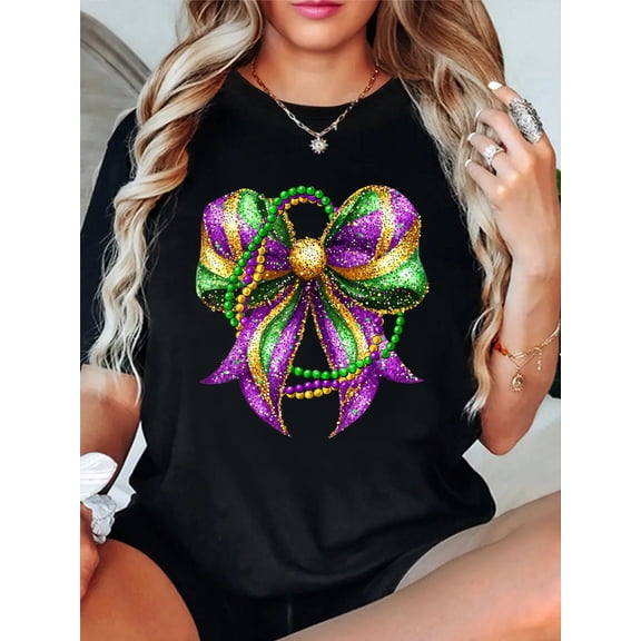 100% Cotton Mardi Gras Festival New Orleans Fleur De Lis Coquette Bow T-Shirt Print Round Neck Cotton T-Shirt, Summer Women's Tops, gift