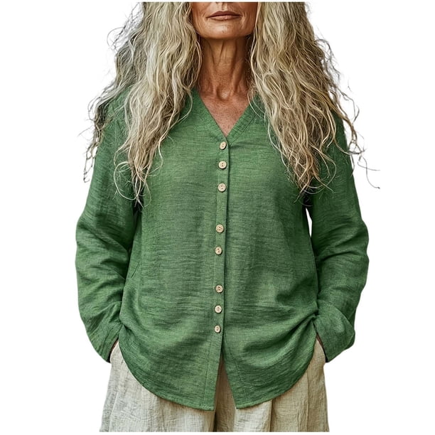 Camisas de Cuello de la Tripulación de Manga Corta para Mujeres Botón de Cuello en V Delantero de Manga Larga Mezcla de Ropa de Cama Abierta Casual Top, Camisas de Cuello de la Tripulación de Manga L