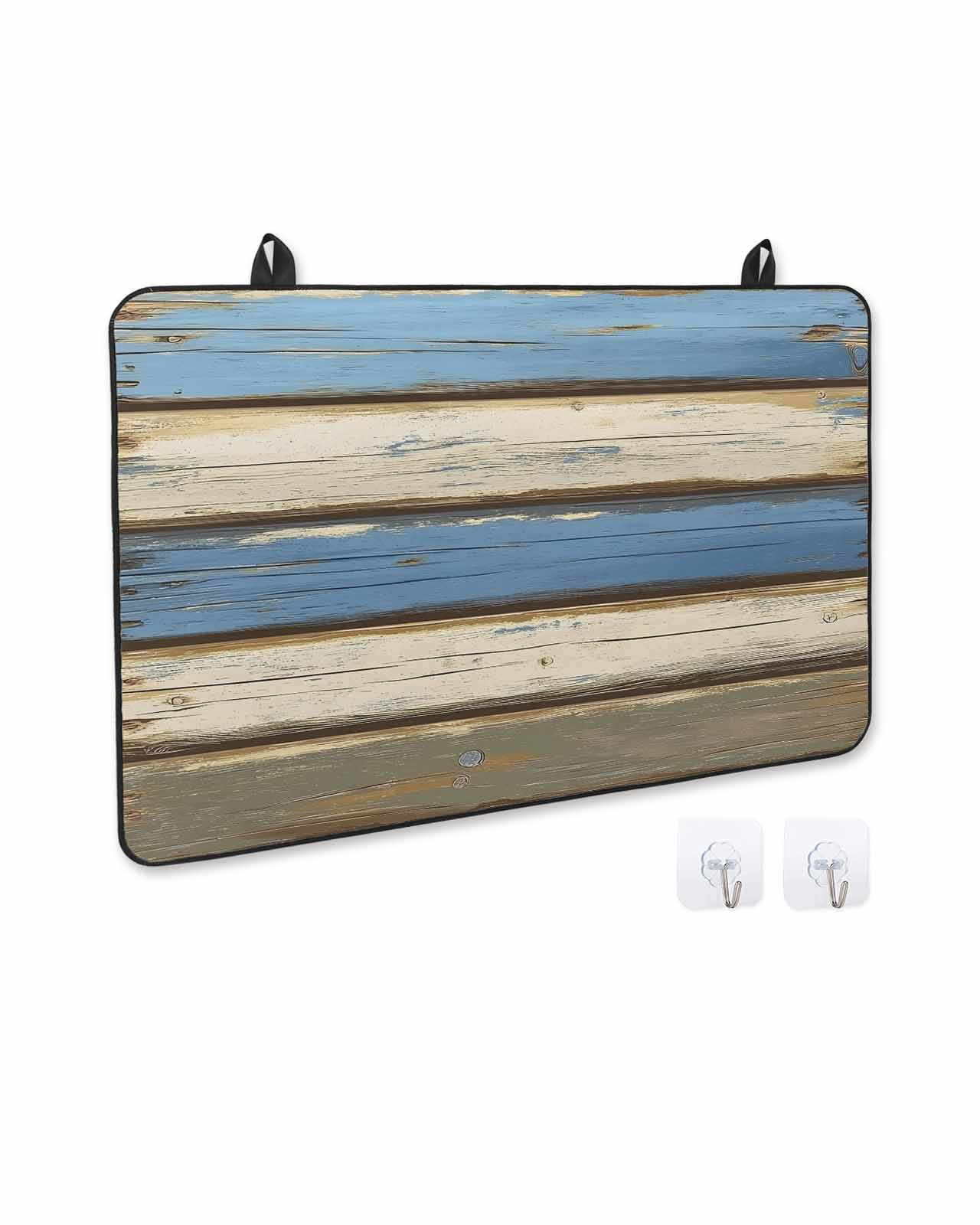 nqOlkjepod Large Induction Cooktop Protector Mat 36"x21", Blue Beige Wood Grain Stove Top Covers for Electric Stove, Modern Shabby Chic Board Stove Burner Cover Mats, Glass Top Stove Cover
