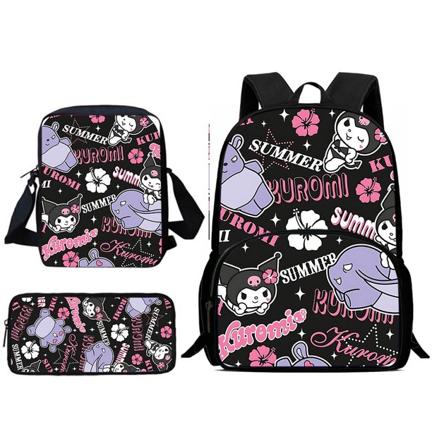 Mochila Sanrios Kuromi para niños y niñas, Juego de 3 piezas, bolso de hombro, estuche para lápices, mochilas escolares de gran capacidad, el mejor regalo