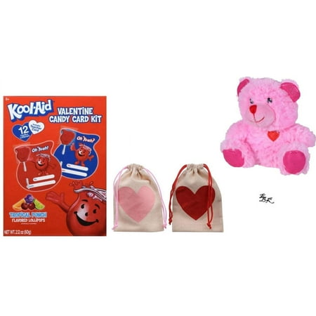 EBK Valentine's Day Cotton Treat Bag - Candy Card Kool-Aid Kit - Embroidered Heart Sitting Bear