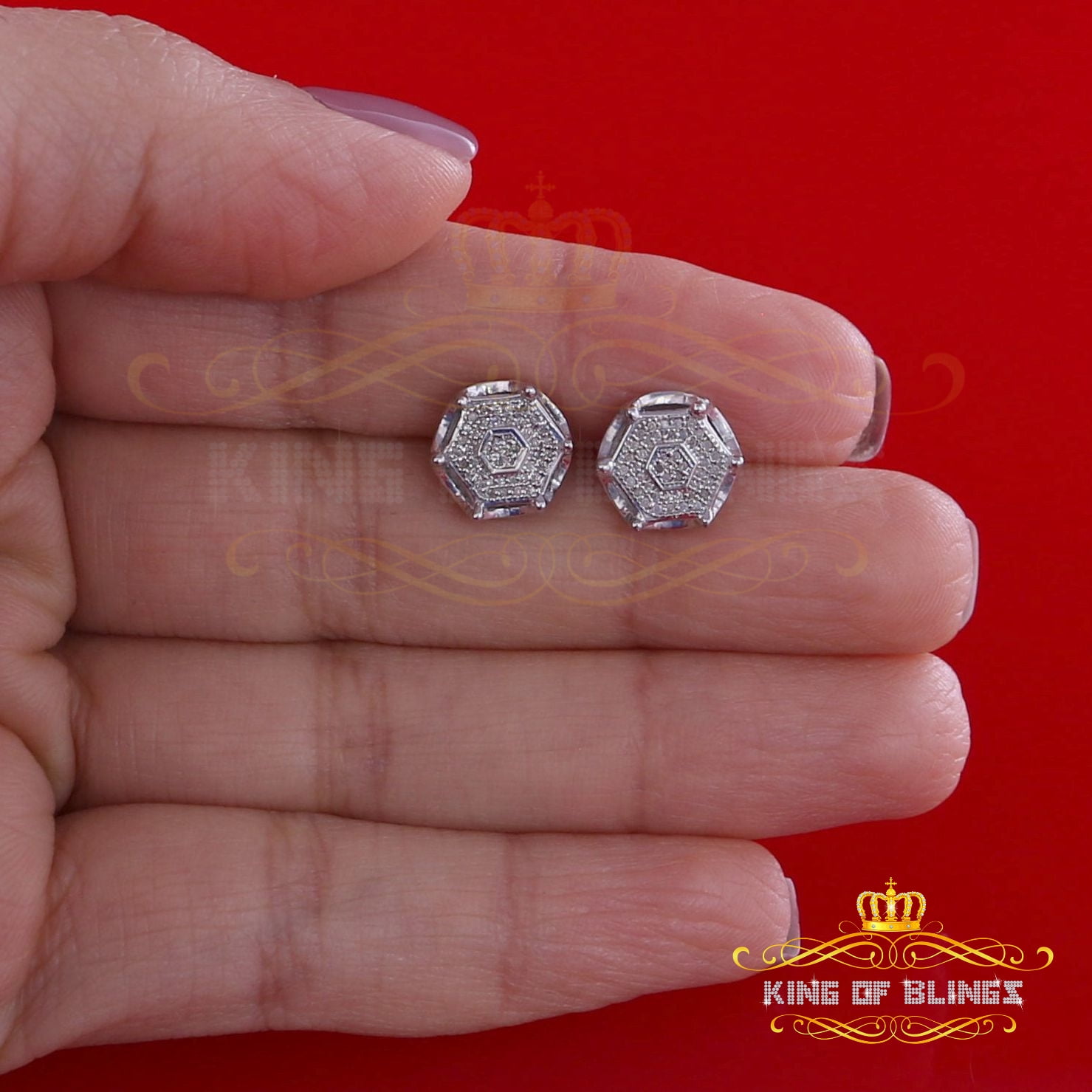 King of Bling's 0.25ct Diamond Stud Hexagon Earrings For Women White 925 Sterling Silver For Men